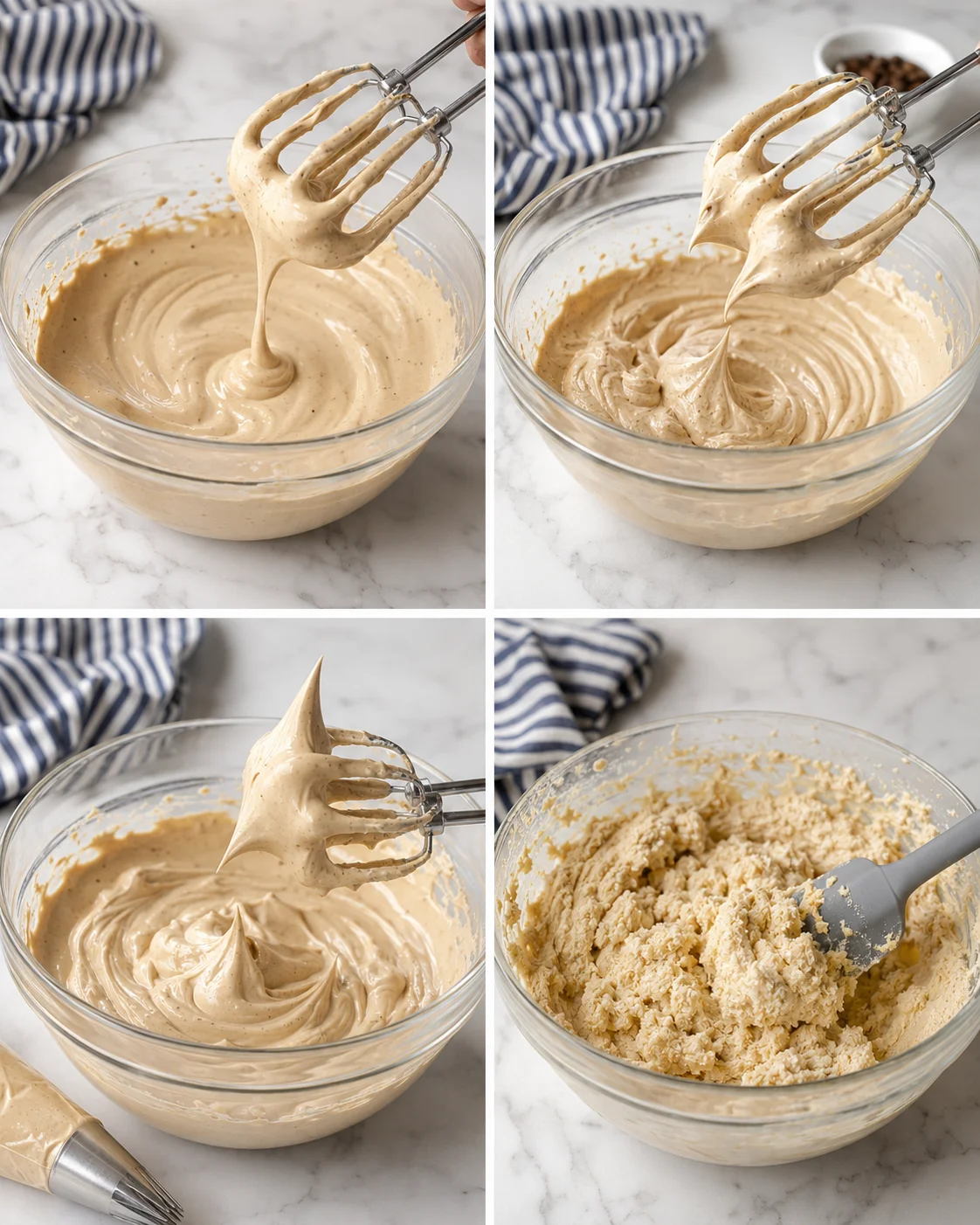 collage of four images showing creamy vanilla batter being whisked in a glass bowl on a marble counter.