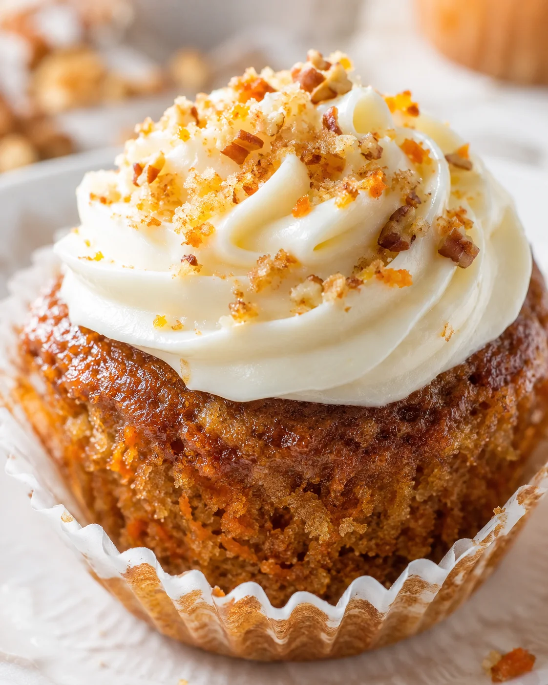 Close-up of a carrot cake cupcake with swirled cream cheese frosting and crunchy topping