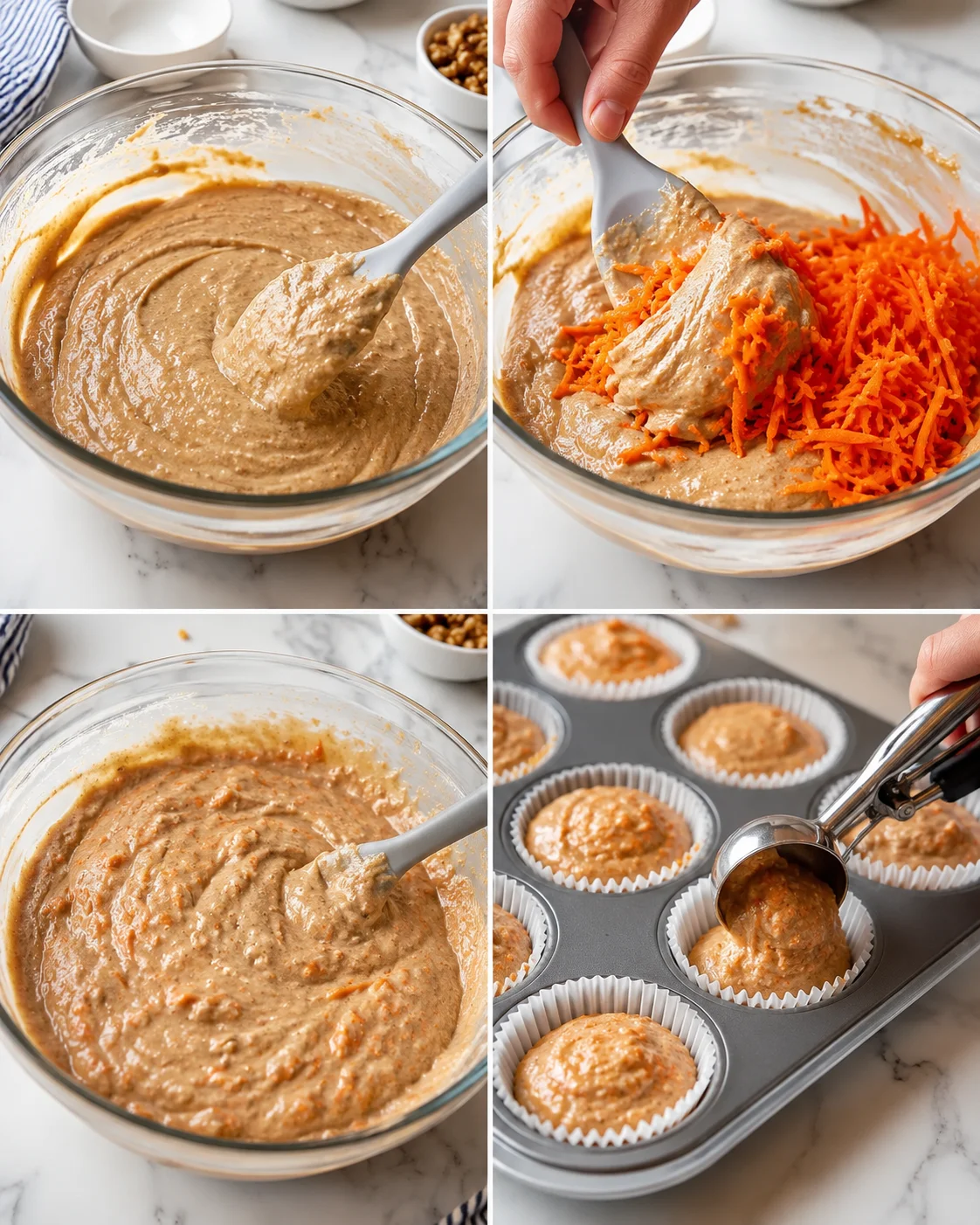 Four-panel collage of carrot muffin batter prep: whisking, adding carrot, and filling muffin cups.