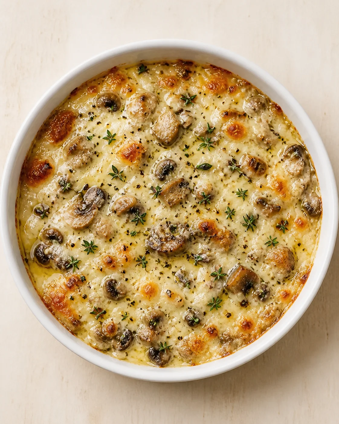round white dish of creamy mushroom gratin with browned cheese, thyme, and pepper on a light wooden table