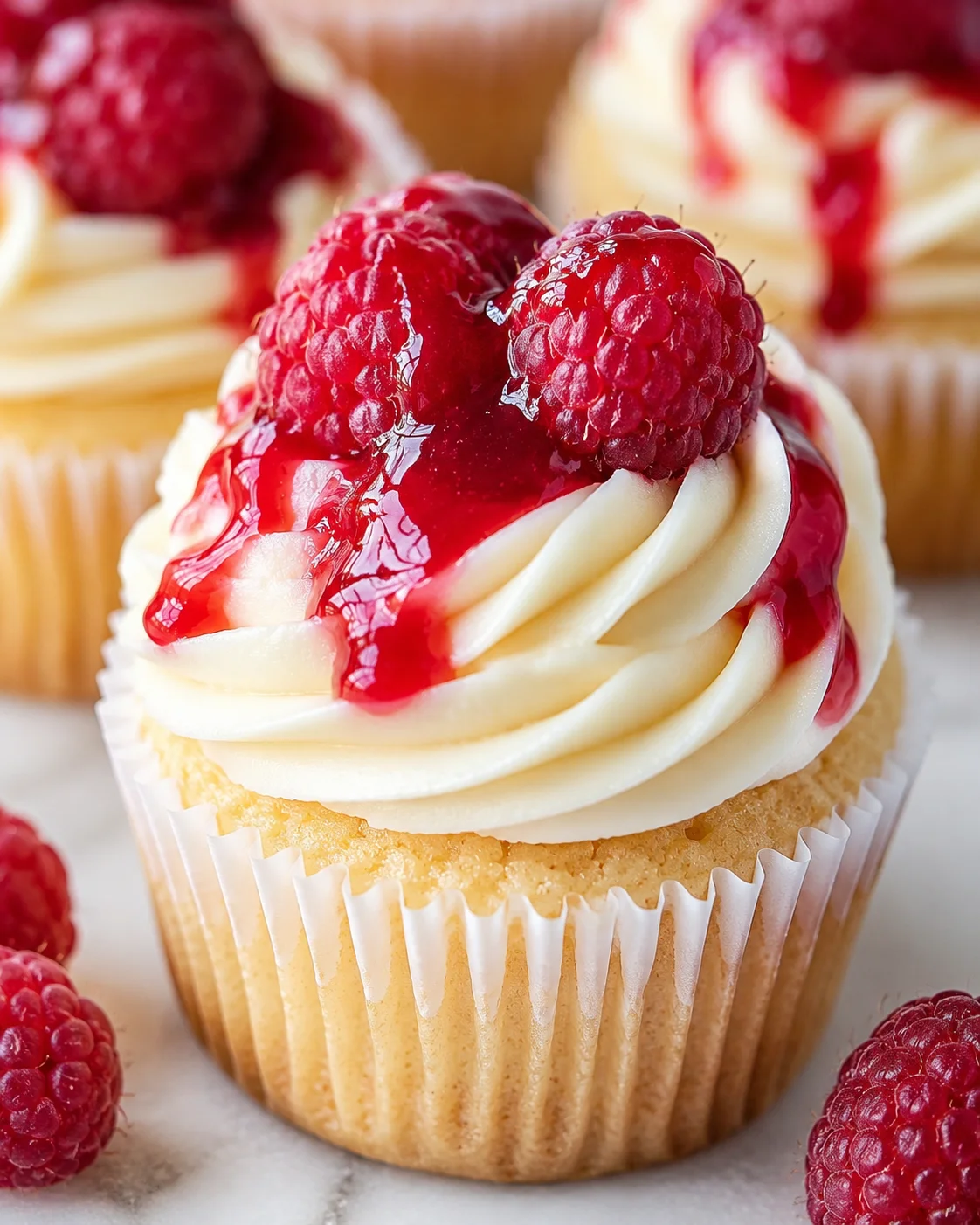Vanilla cupcake with piped white frosting, topped with raspberries and raspberry glaze on a marble surface.