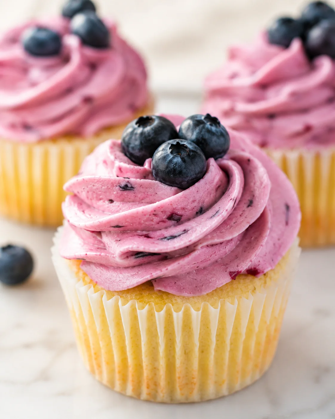 Pink blueberry-frosted cupcake topped with blueberries on a marble surface, with other cupcakes in the blurred background.