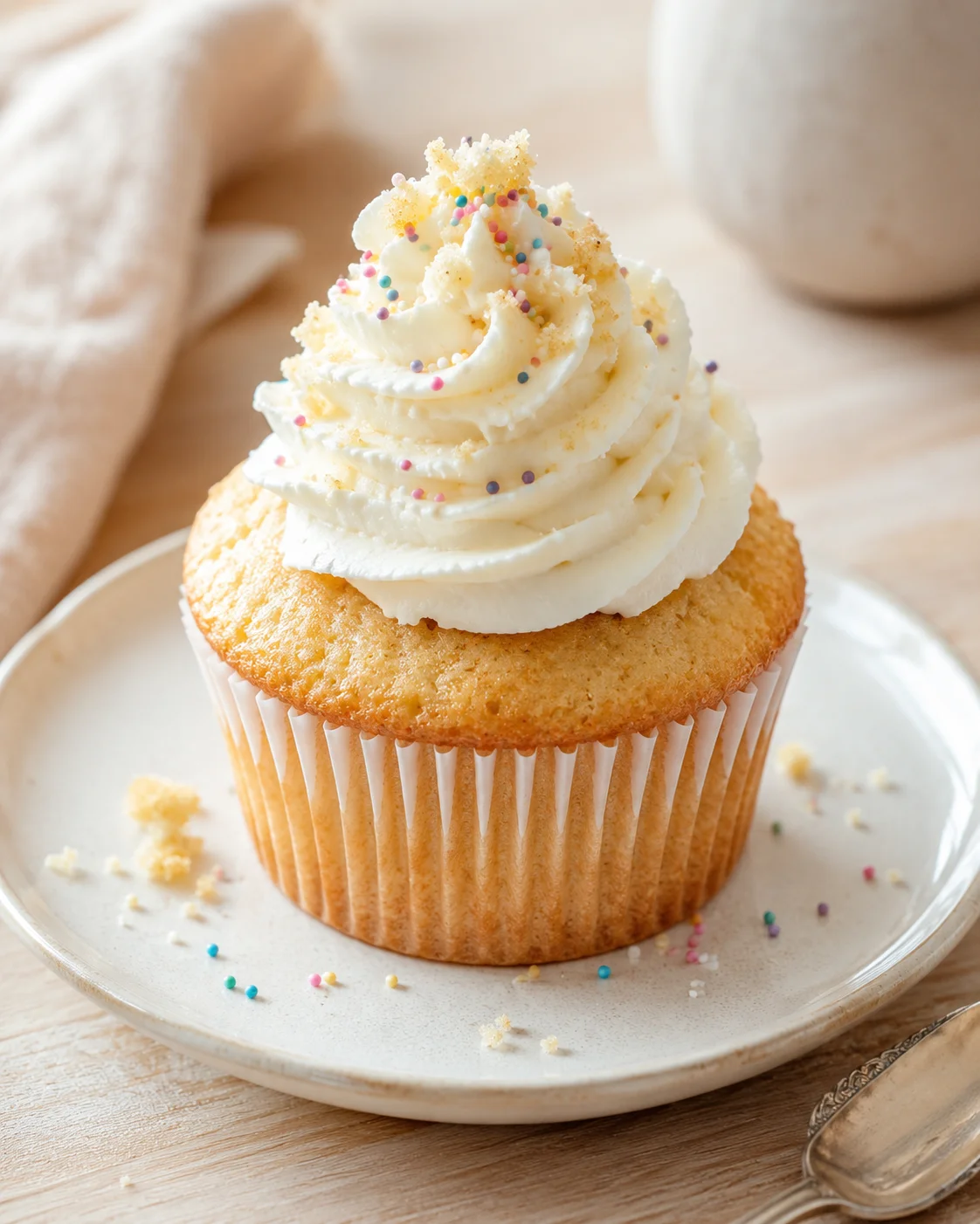 Golden cupcake with swirled white frosting and colorful sprinkles on a light plate.