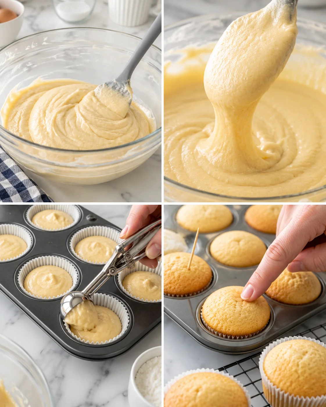 collage showing batter preparation: mixing bowl, spatula lifting batter, filling muffin cups, and cupcakes on tin