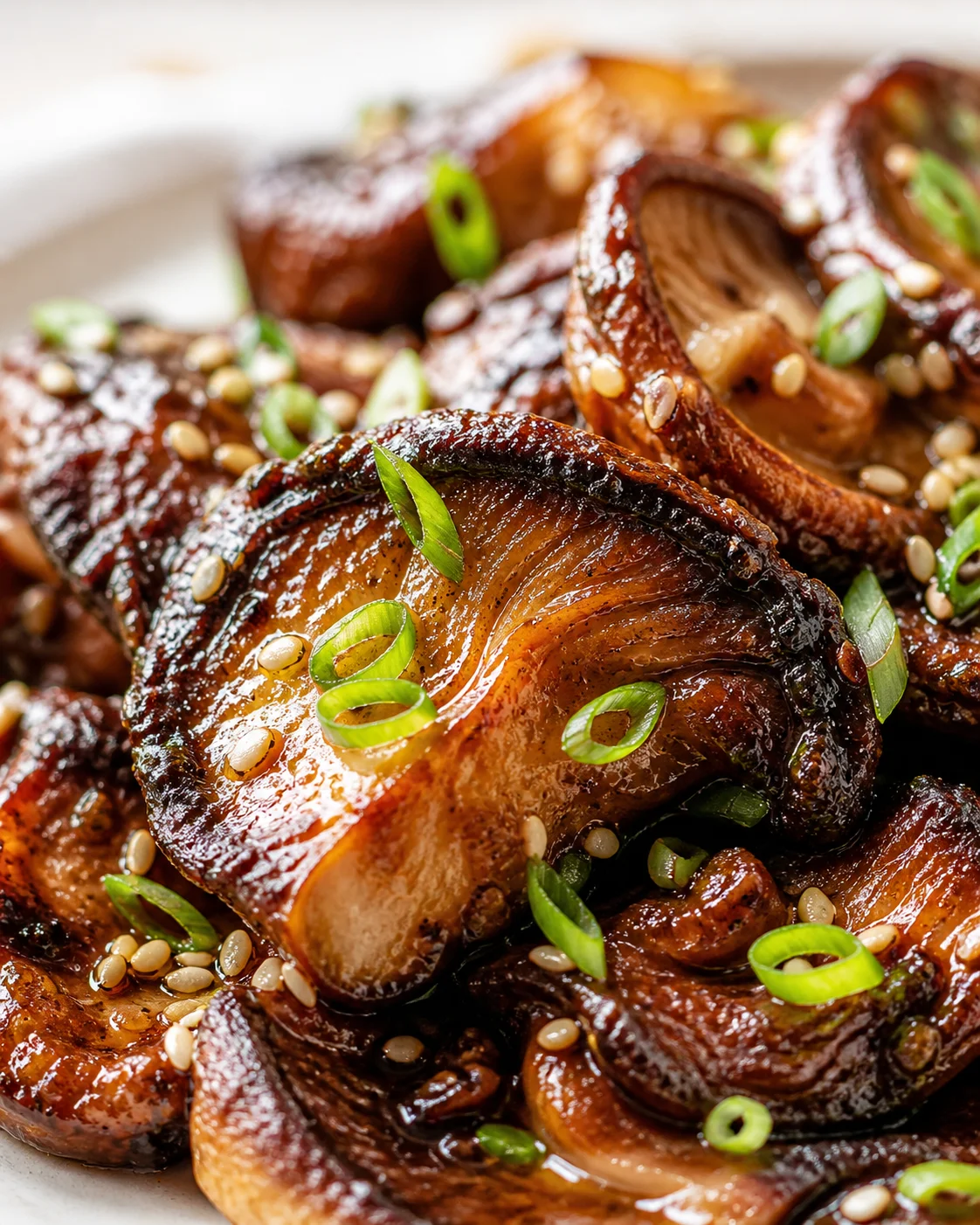 Close-up of glossy caramelized mushrooms sprinkled with sesame seeds and sliced green onions.