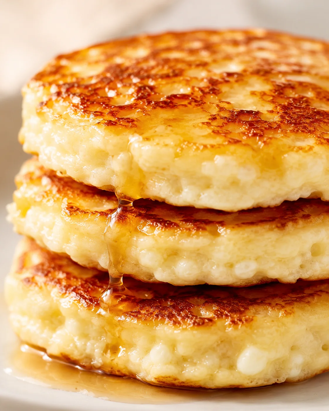 Stack of thick, golden-brown cheesy pancakes with melted cheese oozing between layers and syrup drizzle.
