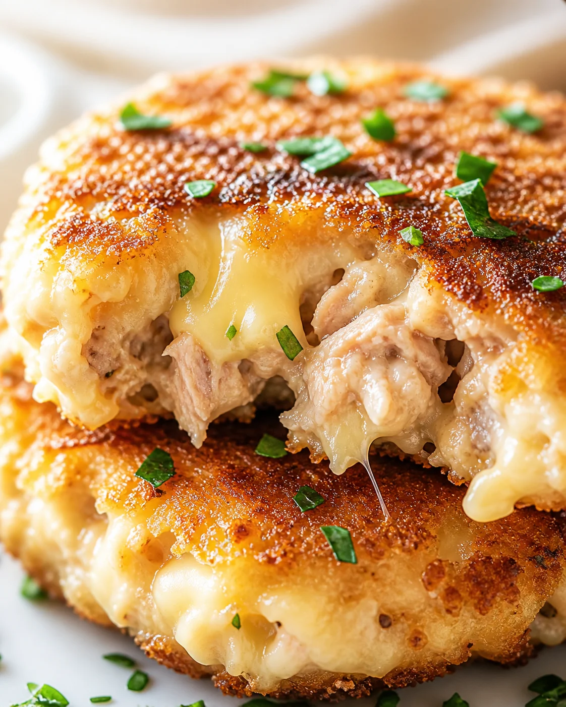 close-up of a crispy, golden-brown cheese-stuffed chicken cutlet with melted cheese oozing, garnished with parsley