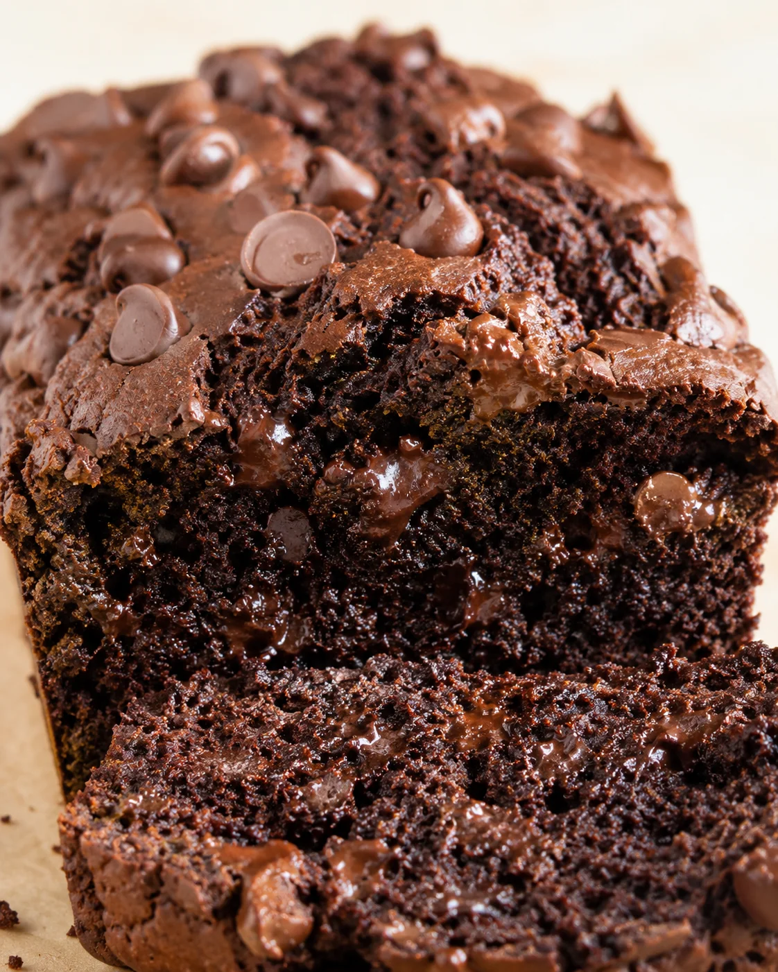 Close-up of a fudgy chocolate cake slice with melted chocolate and chips