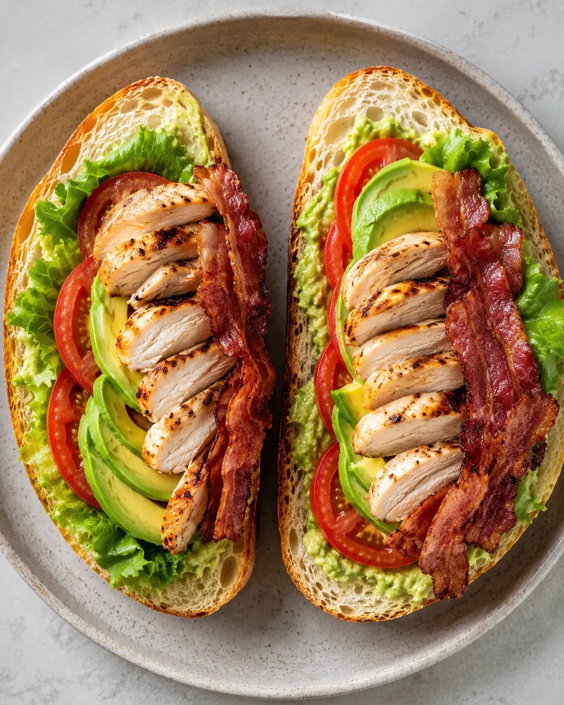 Two open-faced sandwiches with grilled chicken, bacon, avocado, tomato, and lettuce on crusty bread.