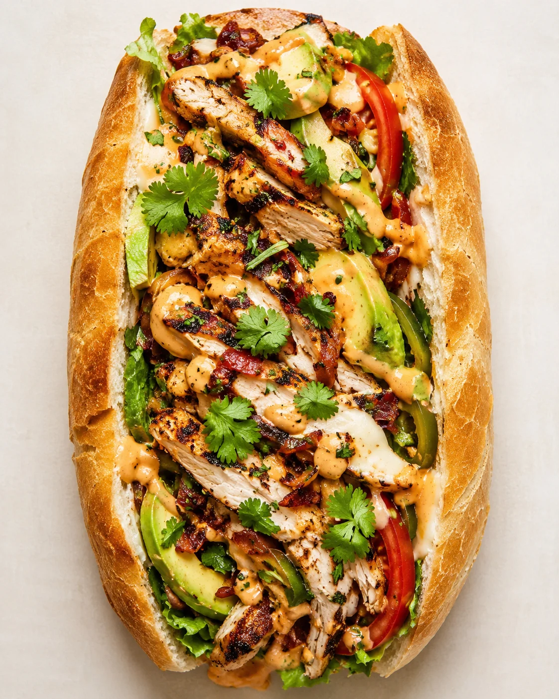 long crusty baguette stuffed with grilled chicken, avocado, lettuce, tomato, cilantro, and creamy sauce