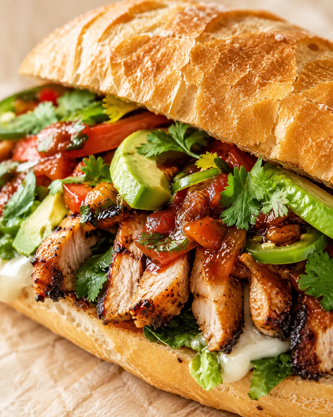 close-up of a crusty baguette sandwich filled with grilled chicken, avocado, tomatoes, cilantro, and greens
