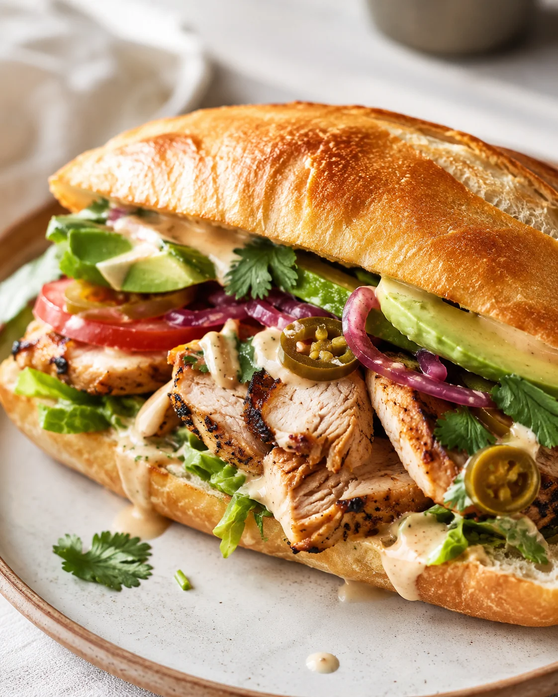 Close-up of a toasted baguette sandwich filled with grilled chicken, avocado, tomato, onion, cilantro, and creamy sauce.
