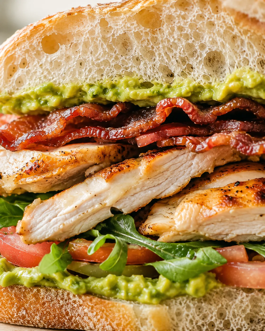 Close-up cross-section of a sandwich showing grilled chicken, crispy bacon, avocado spread, tomato, and greens