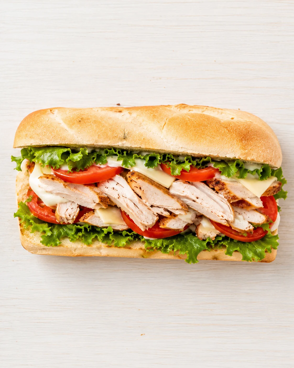 top-down view of a grilled chicken sandwich with lettuce, tomato, and cheese on a crusty sub roll