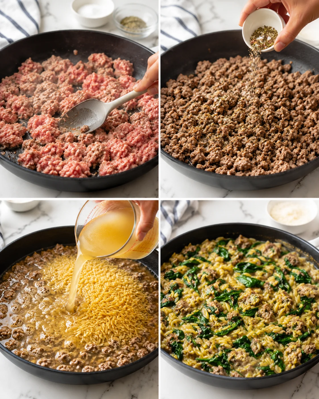 Collage of a skillet recipe showing raw ground beef, spices, broth being added, then orzo with spinach.