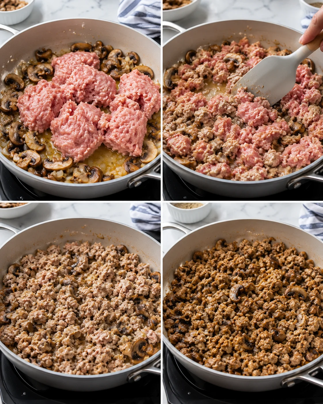 Collage showing raw ground meat with mushrooms cooking in a skillet, captured across four sequential steps.