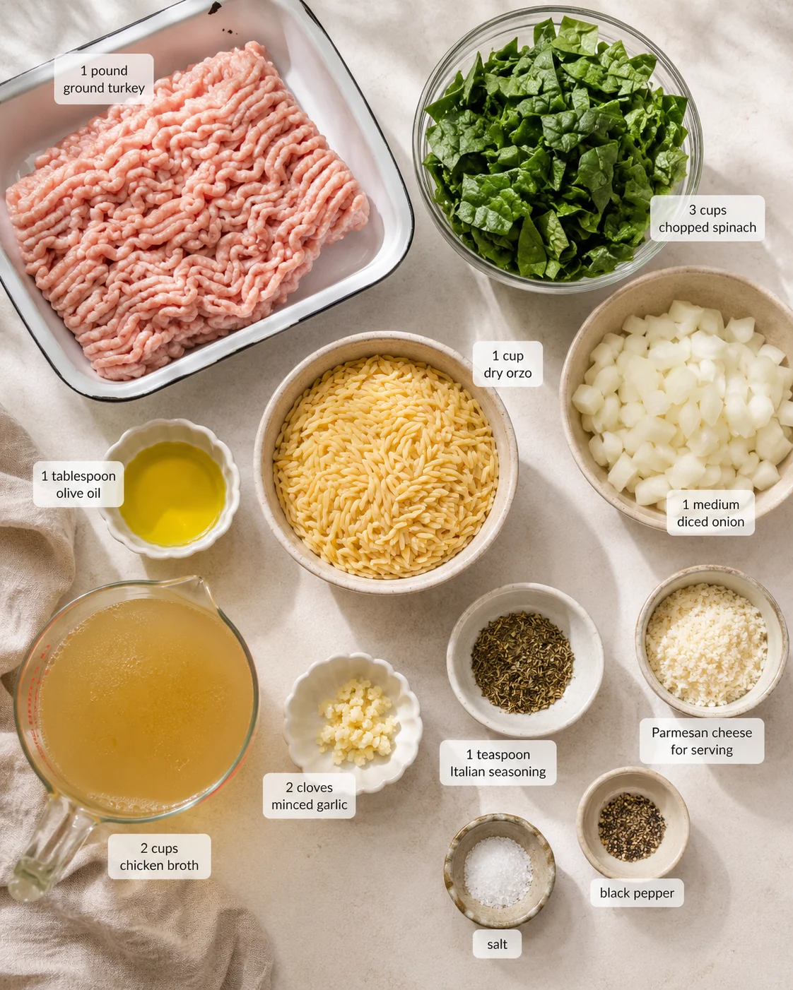 Top-down view of ground turkey, chopped spinach, orzo, onions, garlic, and broth ingredients laid out on a light surface