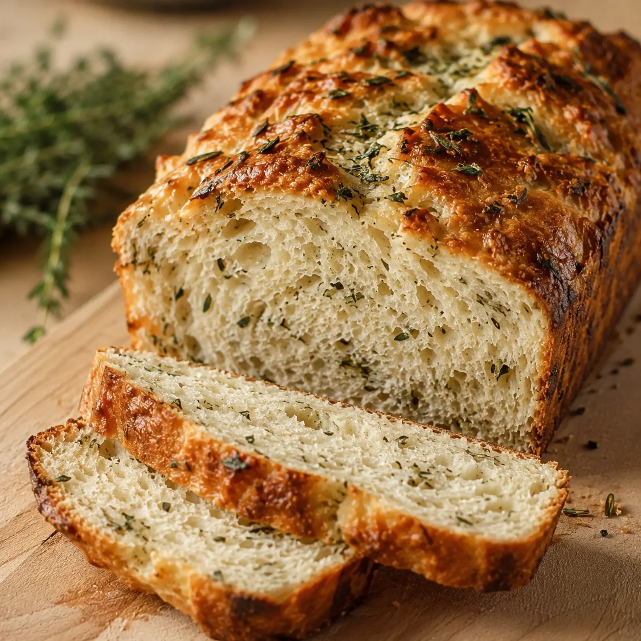 Golden-brown herb bread loaf on a wooden board, sliced to show airy crumb with herbs.