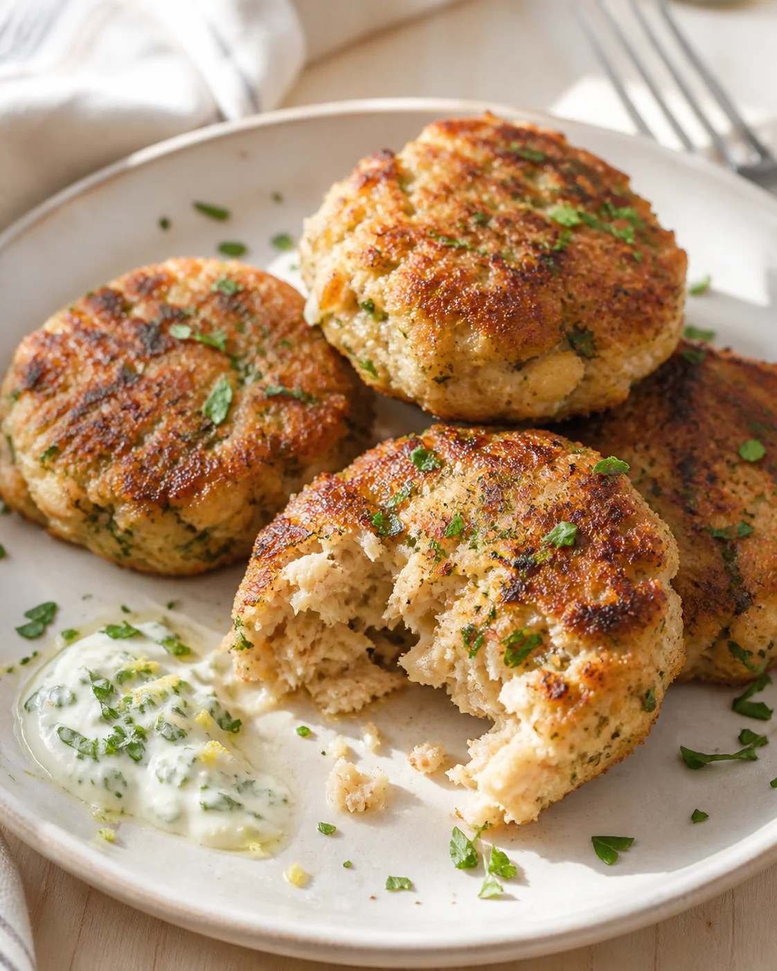 Golden-brown crab cakes with herbs on a white plate, with creamy dill sauce.