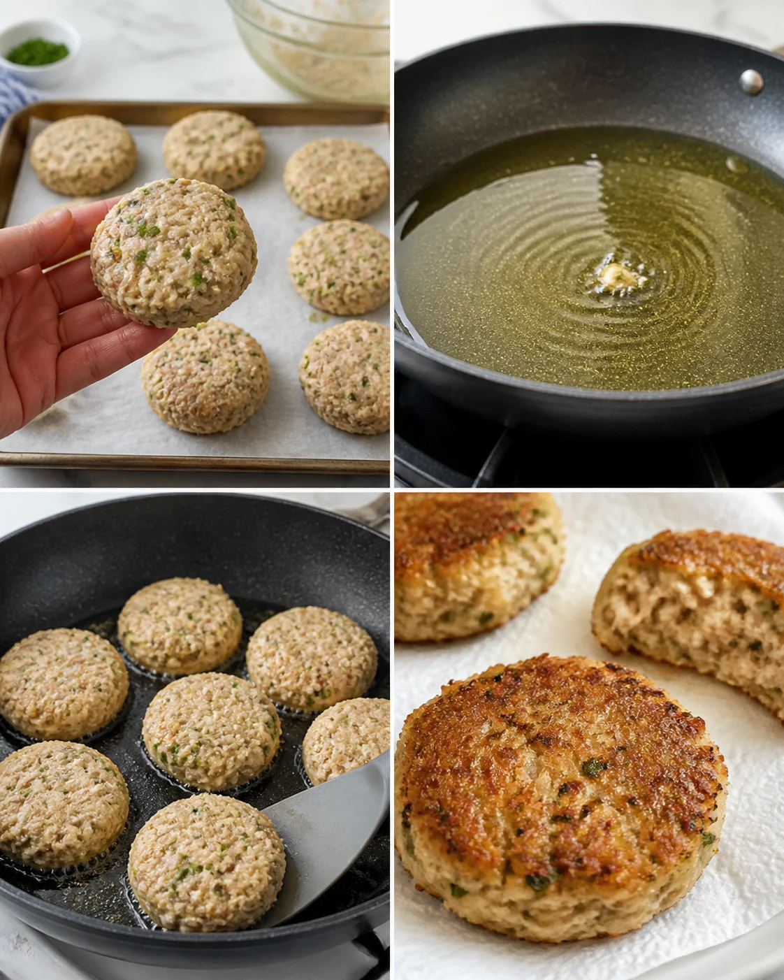 Four-panel collage showing herb-speckled meat patties formed, pan-fried, and finished.