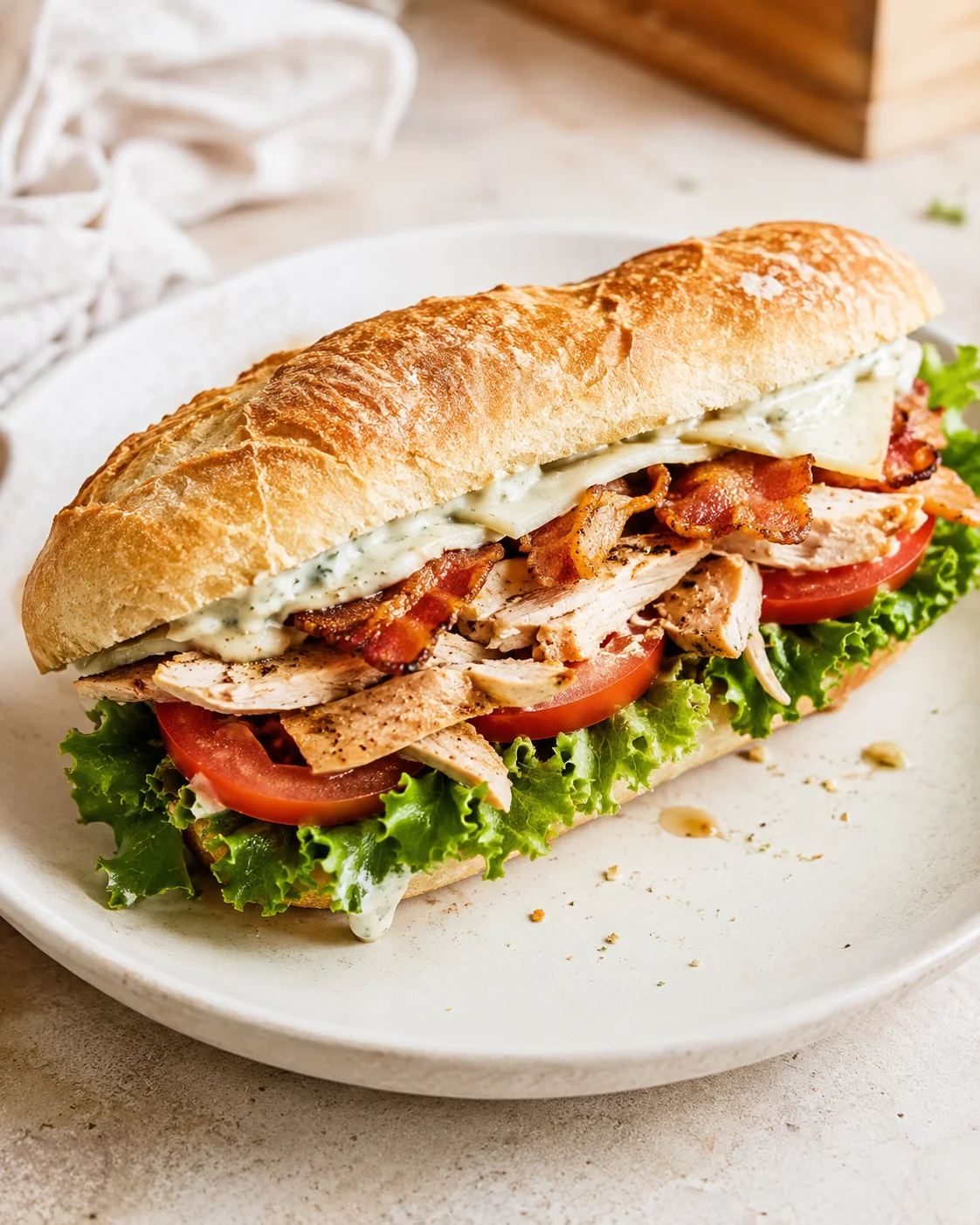 Crusty baguette sandwich with sliced chicken, crispy bacon, tomato, lettuce, and creamy herb sauce on a plate.