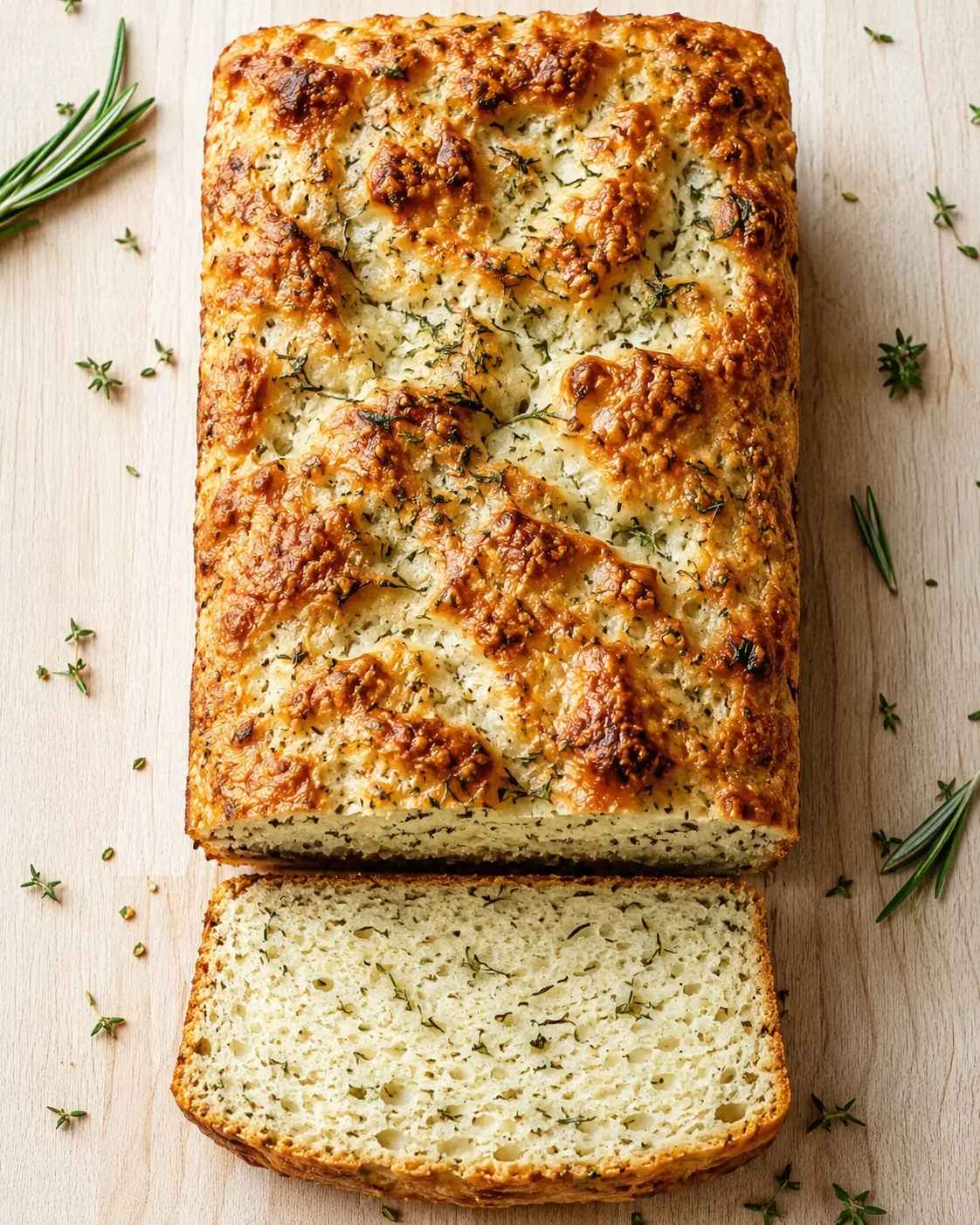 Golden-brown herb bread loaf on a light wooden board, sliced to show soft crumb with herbs and rosemary sprigs.