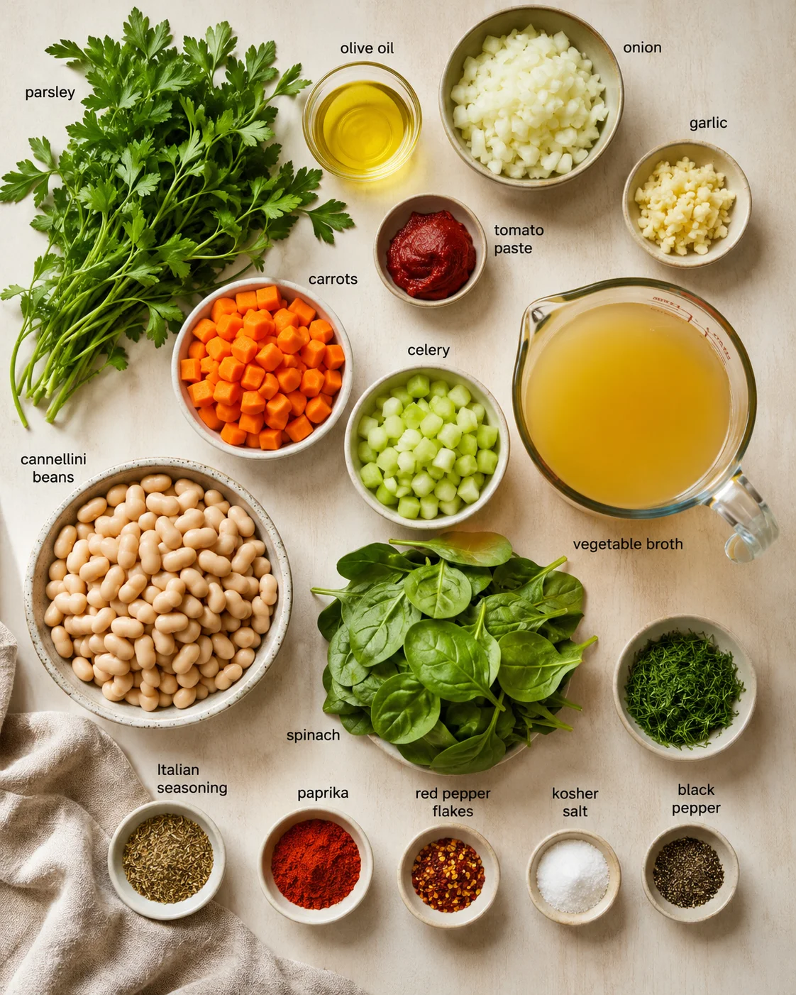 top-down view of organized ingredients: parsley, beans, diced carrots, celery, onions, garlic, tomato paste, olive oil, and vegetable broth