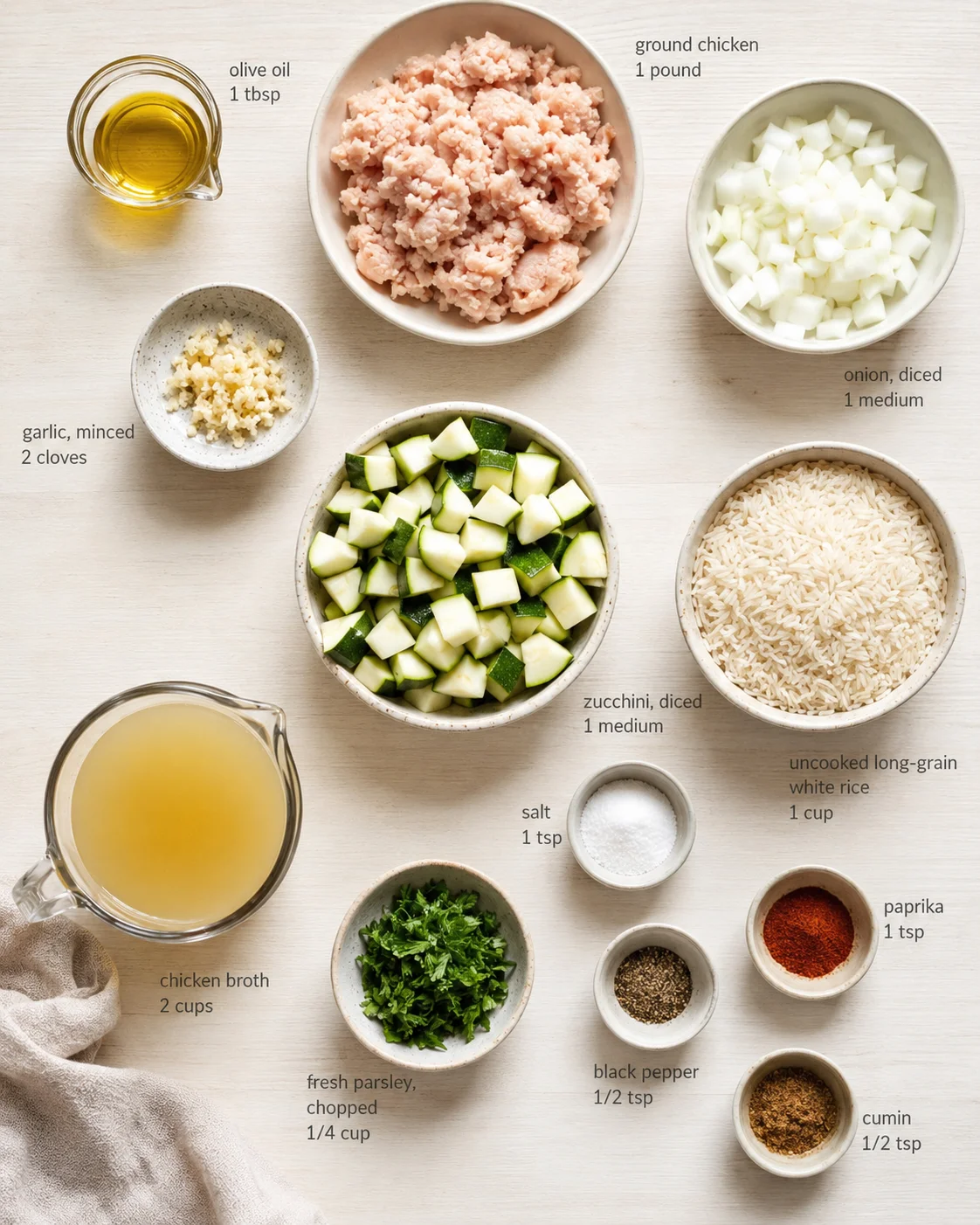 Overhead view of labeled ingredients for a rice-chicken dish on a light wooden surface.