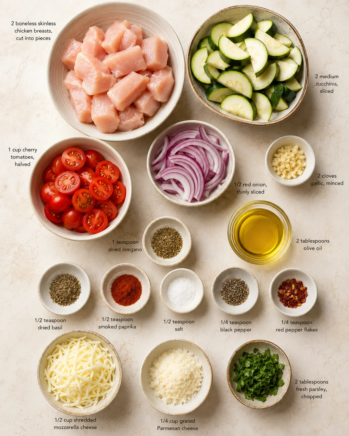 Overhead view of ingredient bowls labeled with measurements for a recipe