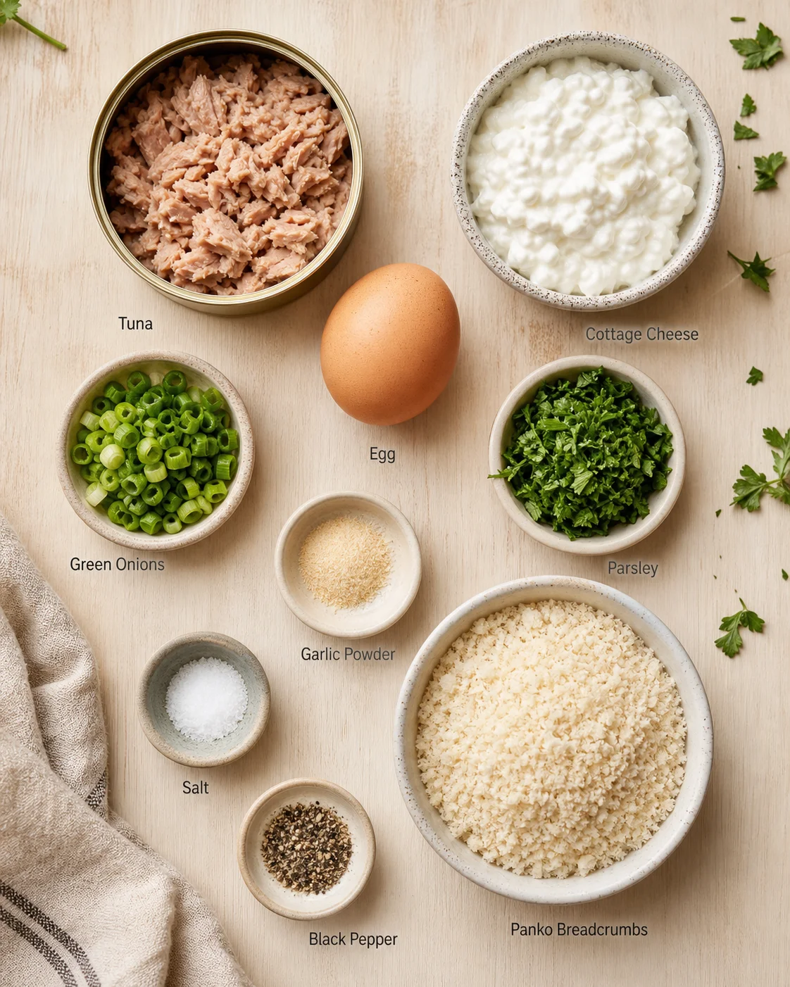 top-down view of labeled ingredients arranged on a wooden surface for a tuna recipe