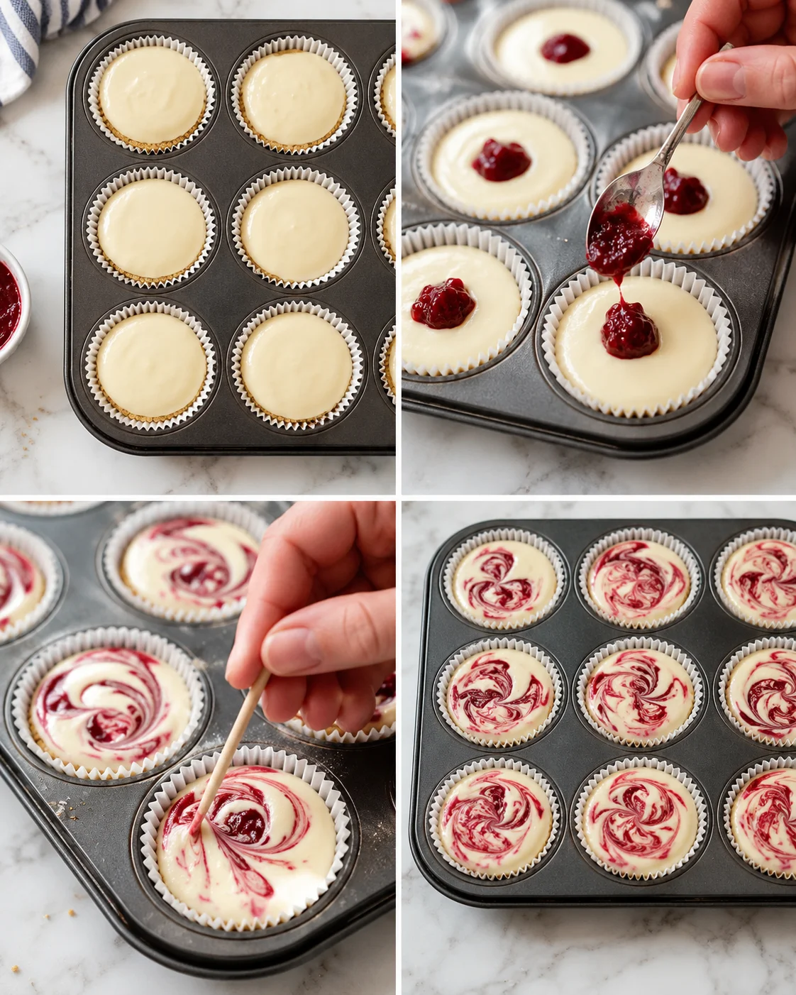 collage showing muffins in a tin with pale batter, jam being added, and marbled red swirls