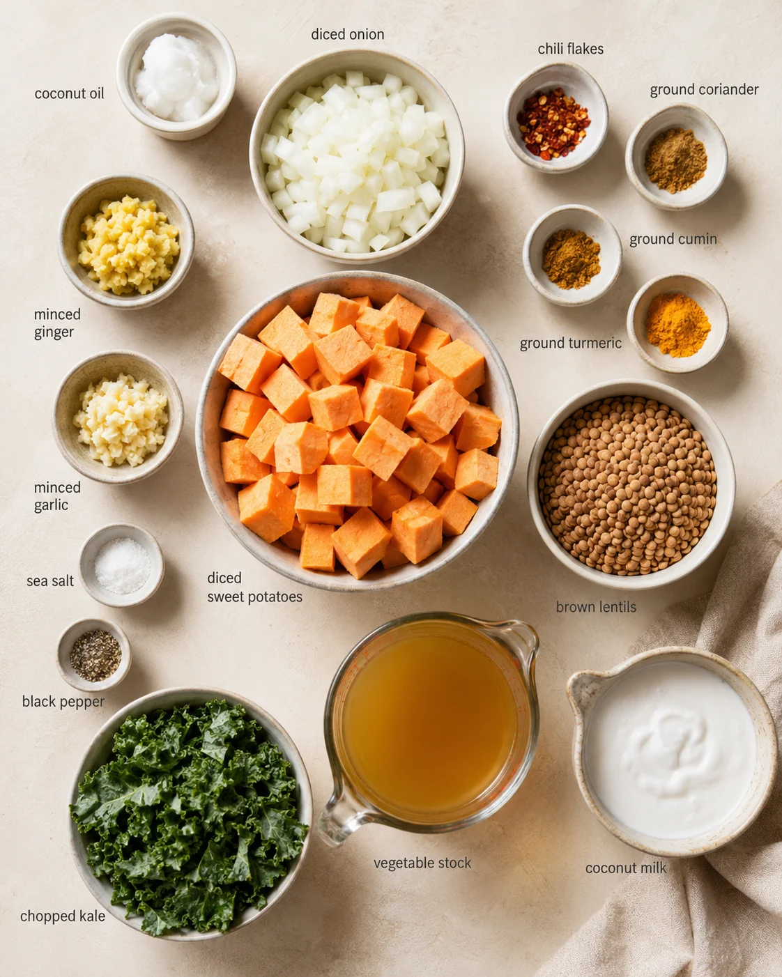 top-down arrangement of labeled ingredients around a central bowl of diced sweet potatoes