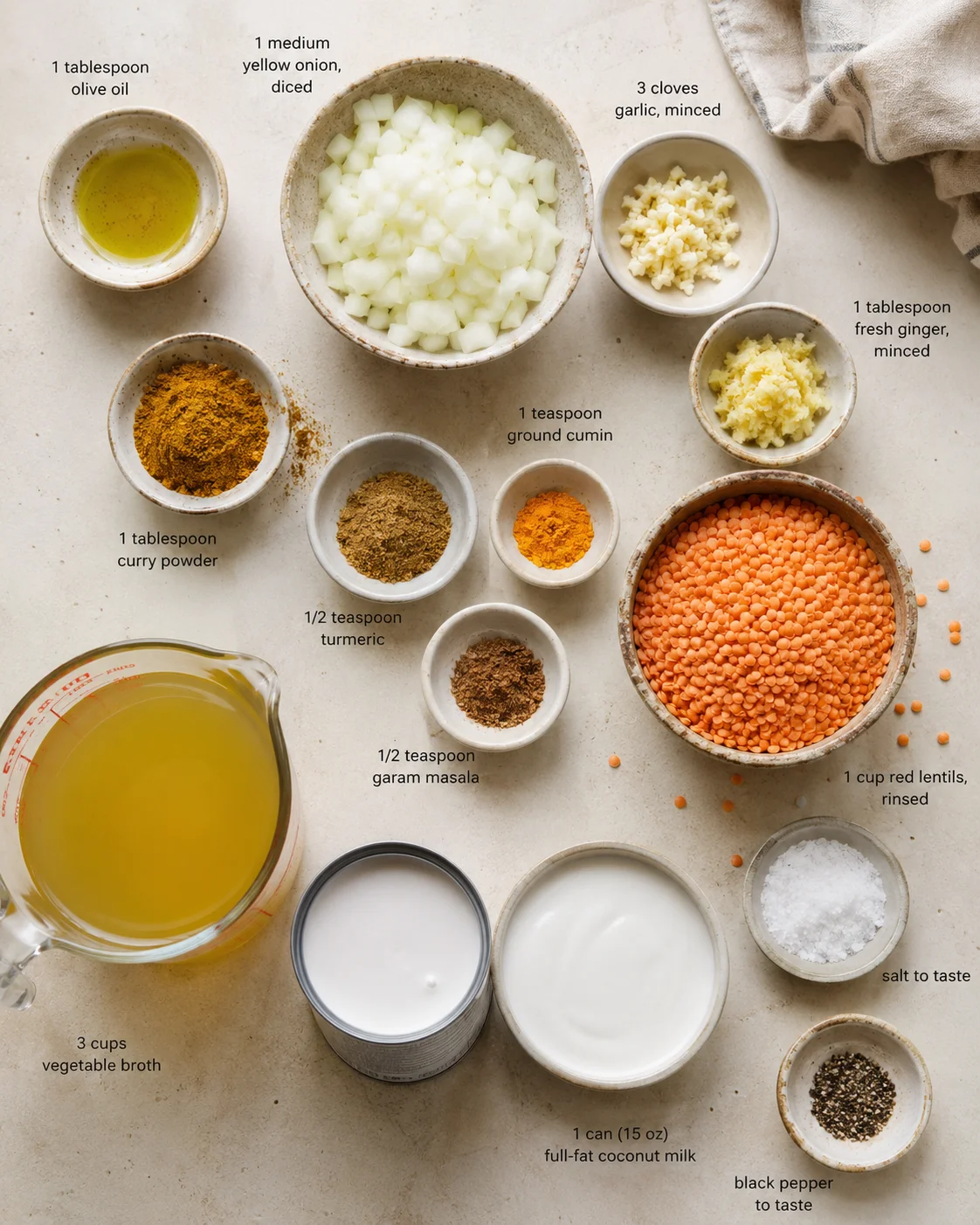 Top-down view of bowls with onions, lentils, spices, coconut milk, and broth labeled.