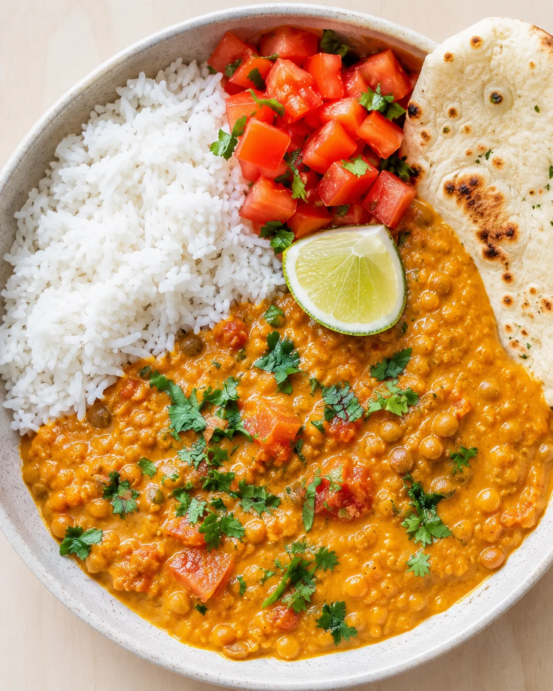 Top-down bowl of white rice, tomato salsa, lentil curry, lime, and naan.