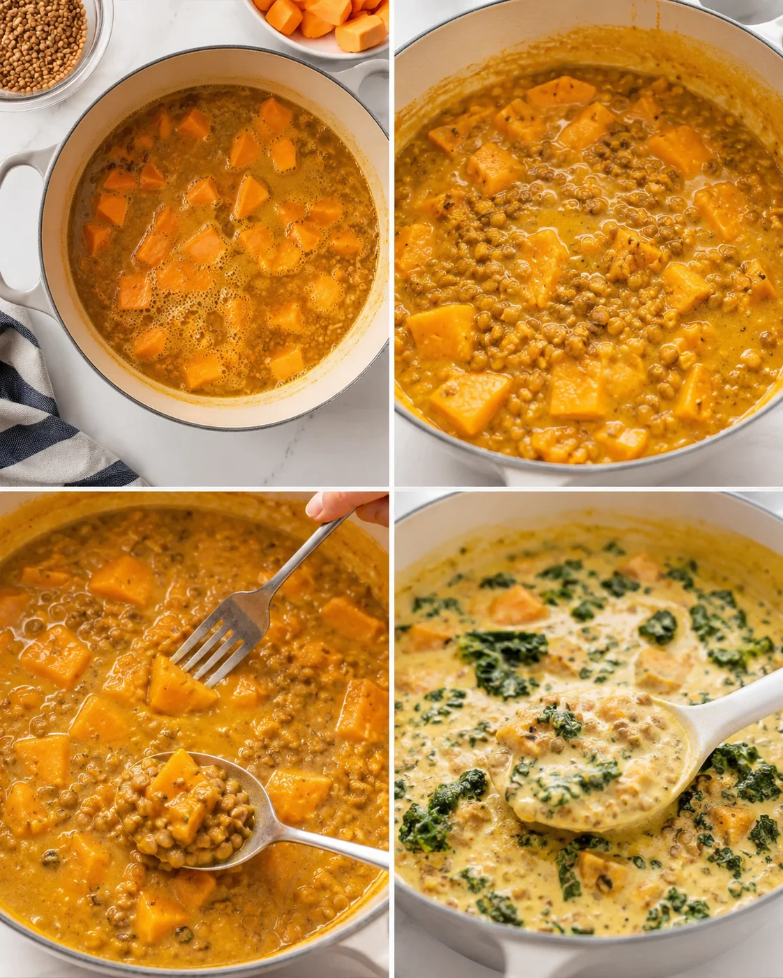 collage showing a creamy lentil curry with sweet potatoes simmering in a white pot