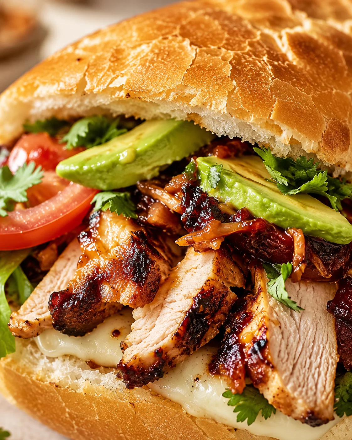 Close-up of a crusty sandwich filled with sliced grilled chicken, avocado, tomato, and cilantro.