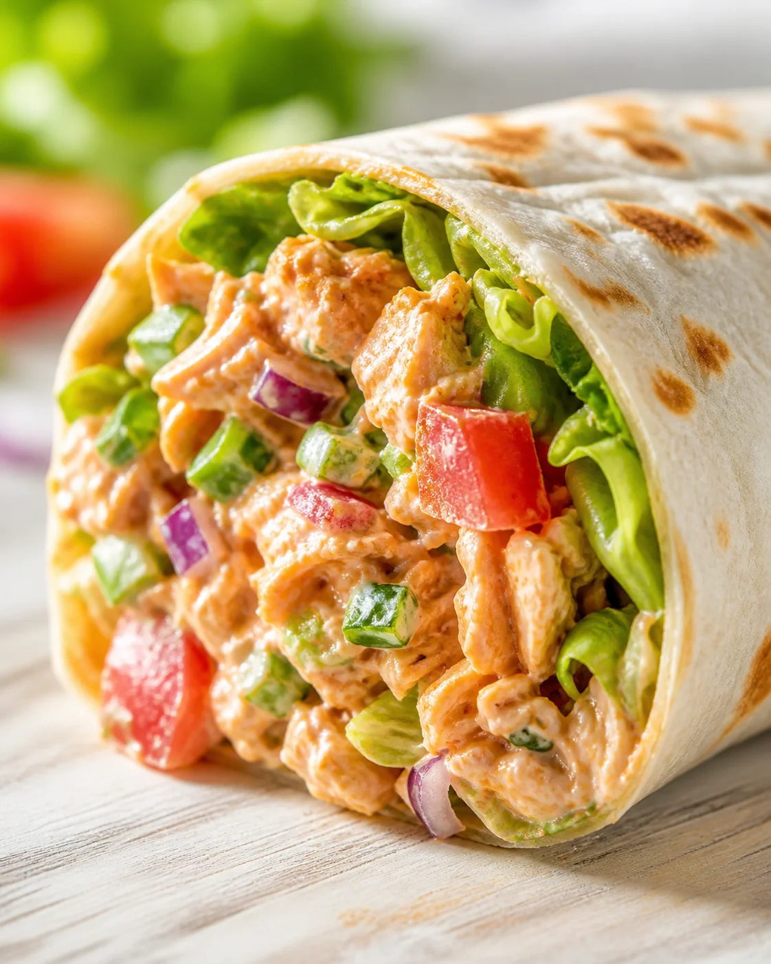 Close-up of a tortilla wrap filled with creamy chicken salad and crisp vegetables.