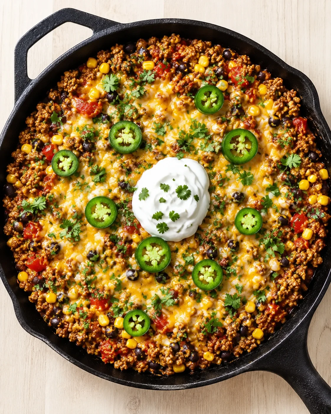Skillet with chili cheese taco dip topped with jalapeños, cilantro, and sour cream.