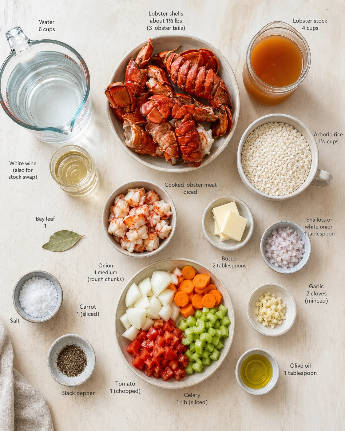 Overhead view of lobster meat, shells, and ingredients laid out in bowls on a pale wooden surface.