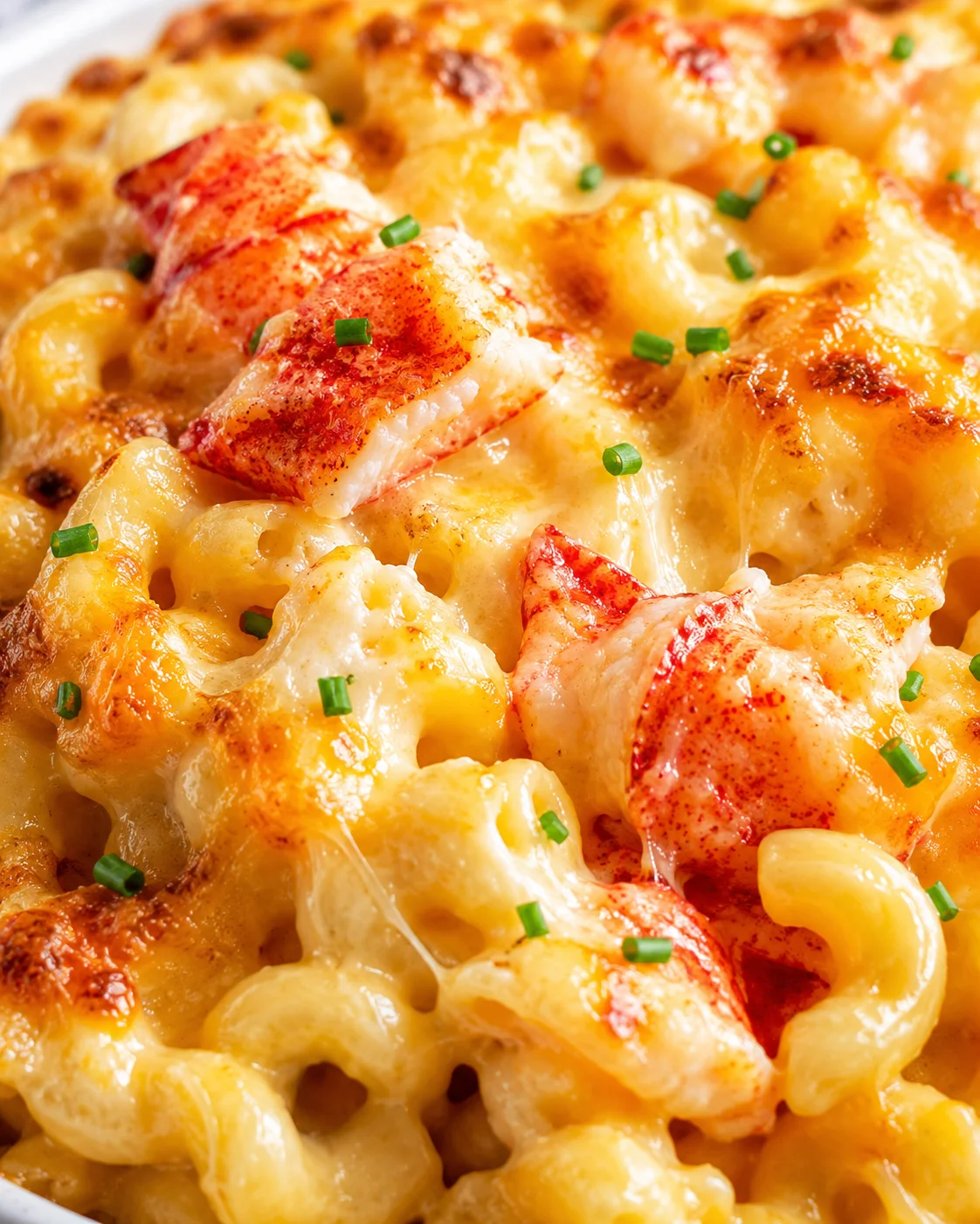 Close-up of lobster macaroni and cheese with melted cheese, golden crust, and green chives.