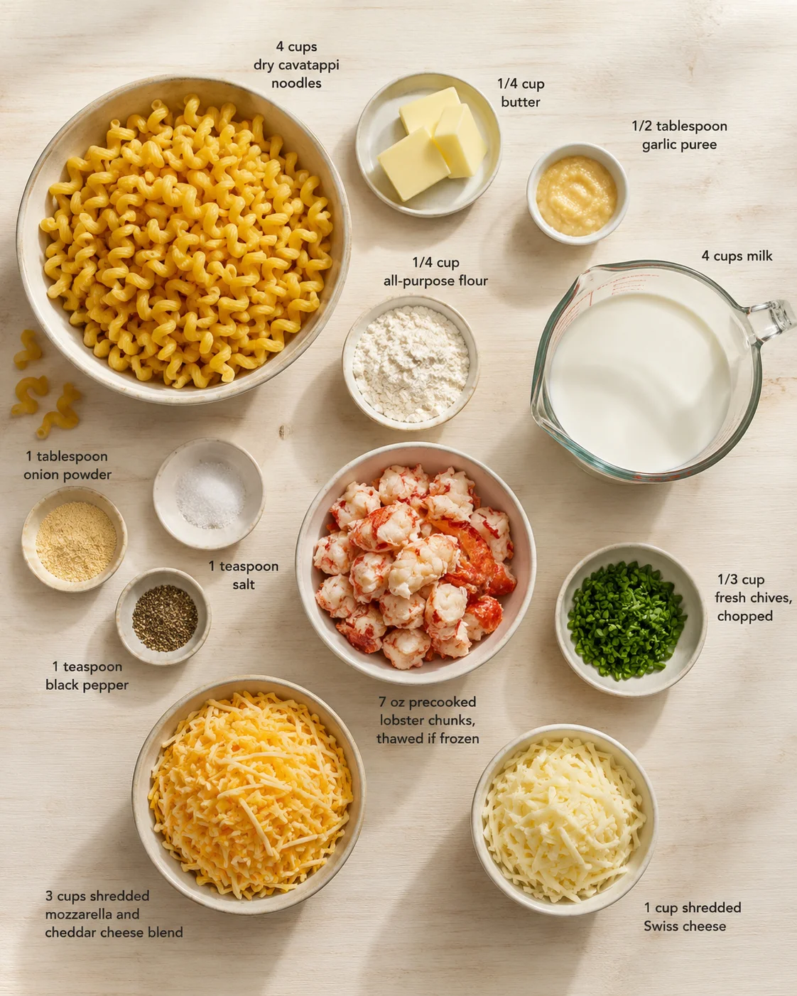 Overhead view of organized lobster mac and cheese ingredients laid out on a light wood board.