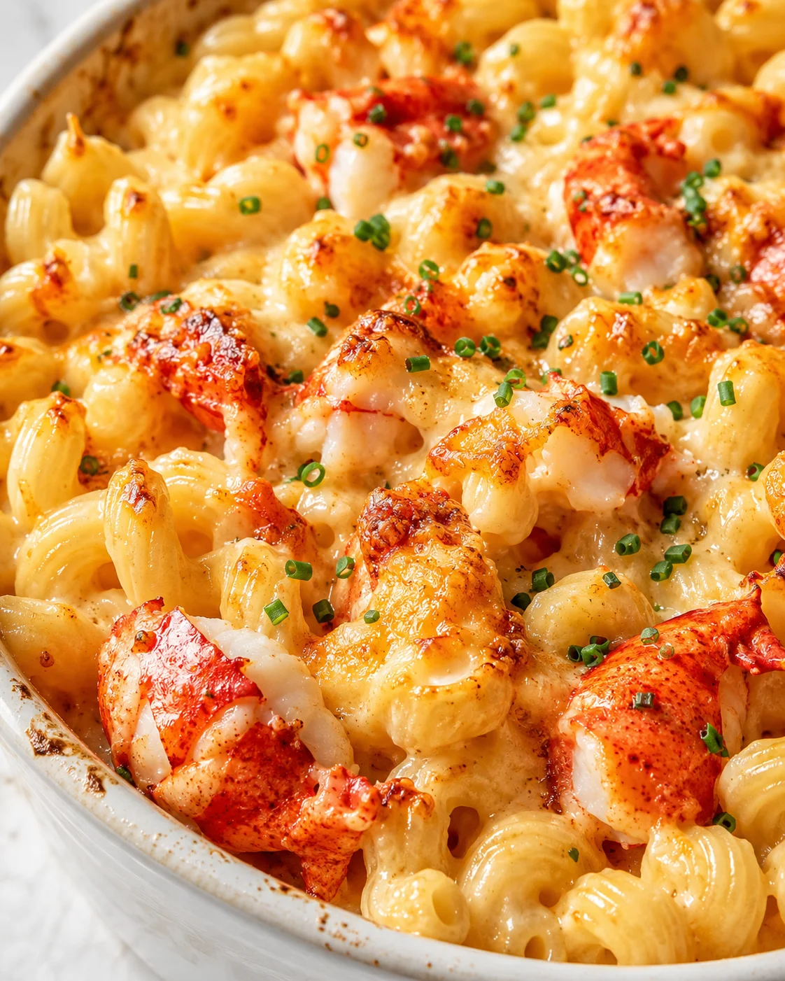 creamy lobster mac and cheese in a baking dish with golden lobster chunks and chives