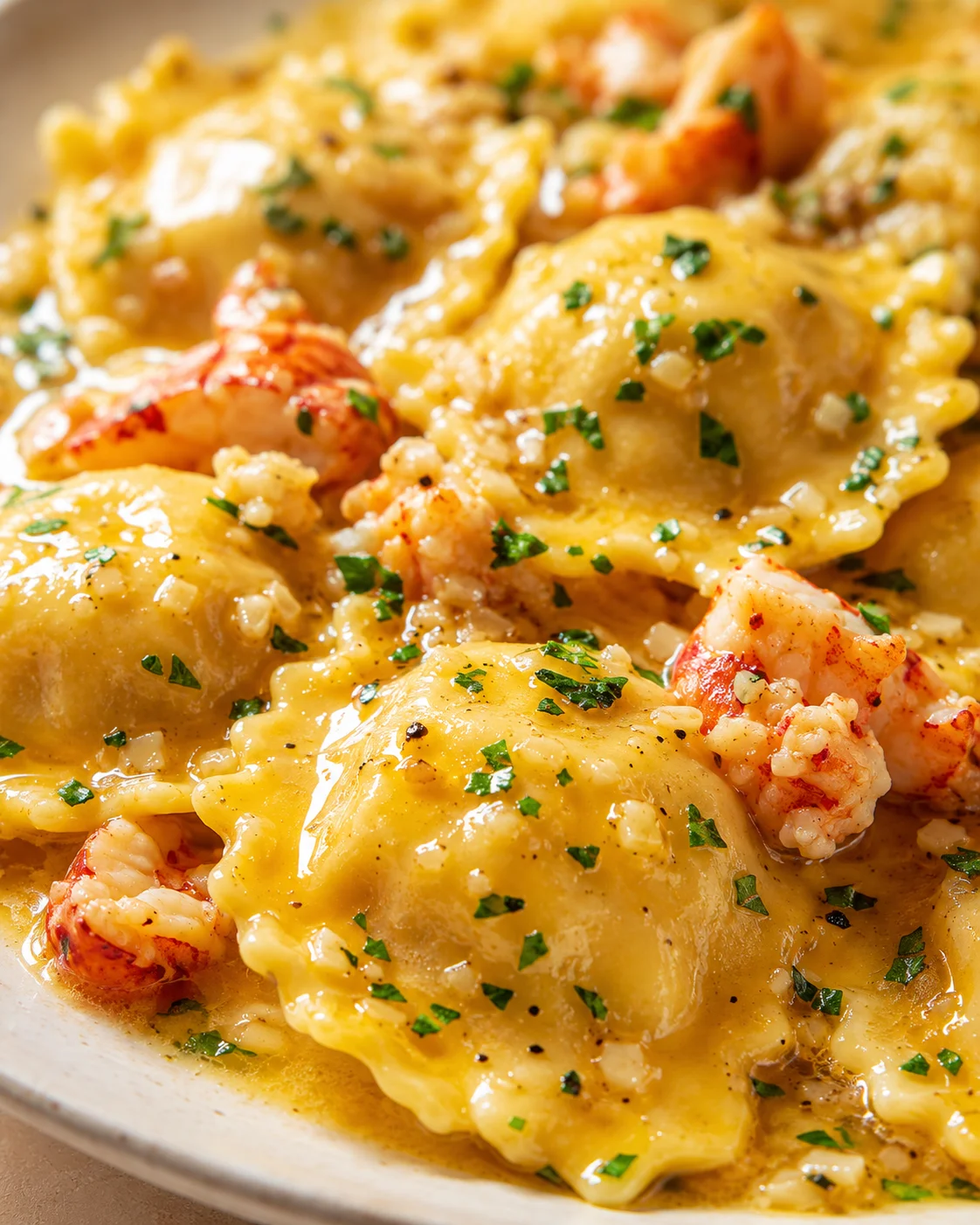 Close-up of lobster ravioli in creamy cheese sauce topped with parsley