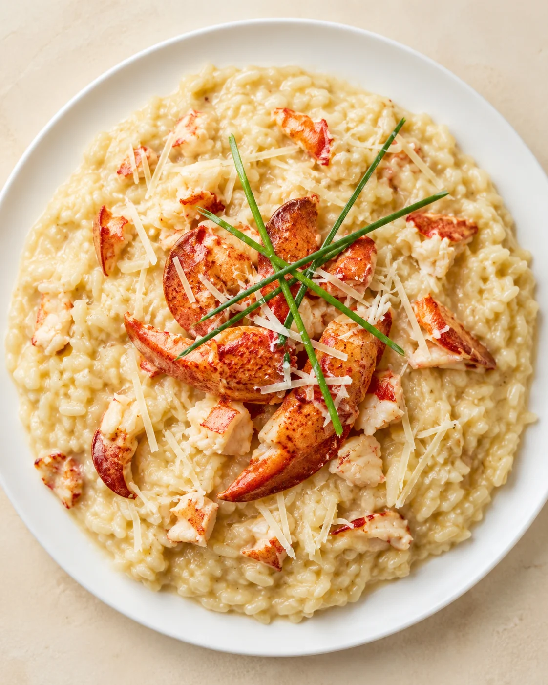 Creamy lobster risotto topped with lobster chunks, parmesan shavings, and chive garnish.