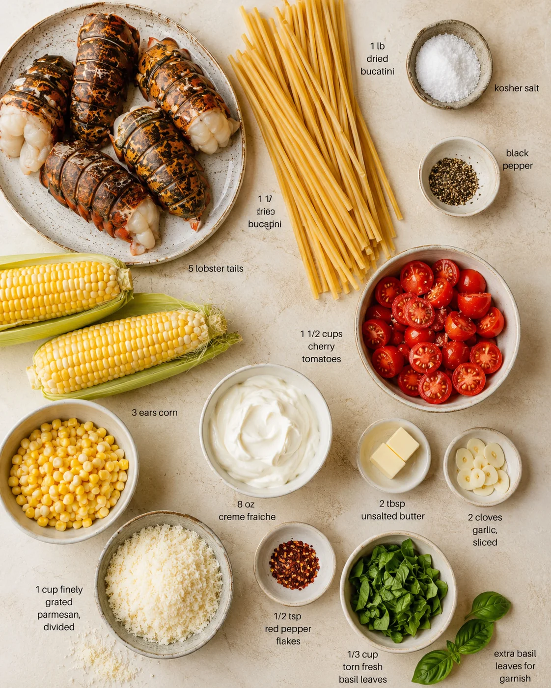 Top-down view of lobster tails, pasta, corn, tomatoes, dairy, butter, garlic, and basil.