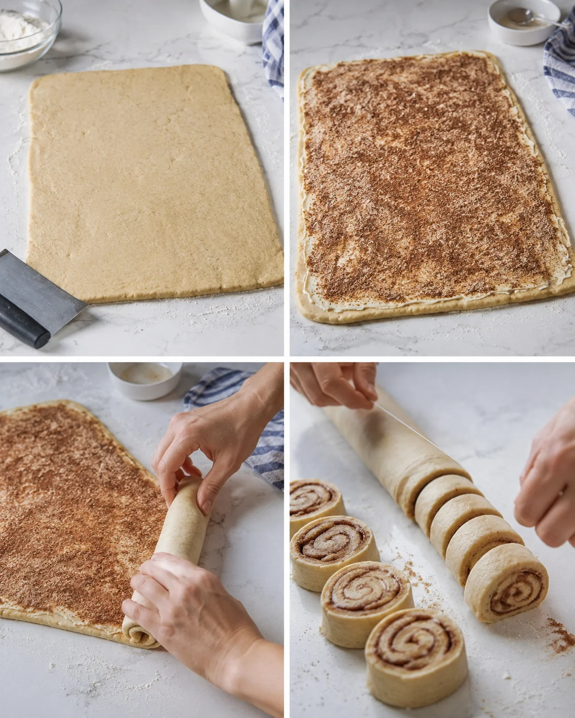 A four-panel collage showing dough sheet, cinnamon-sugar filling, rolling hands, and sliced cinnamon rolls.