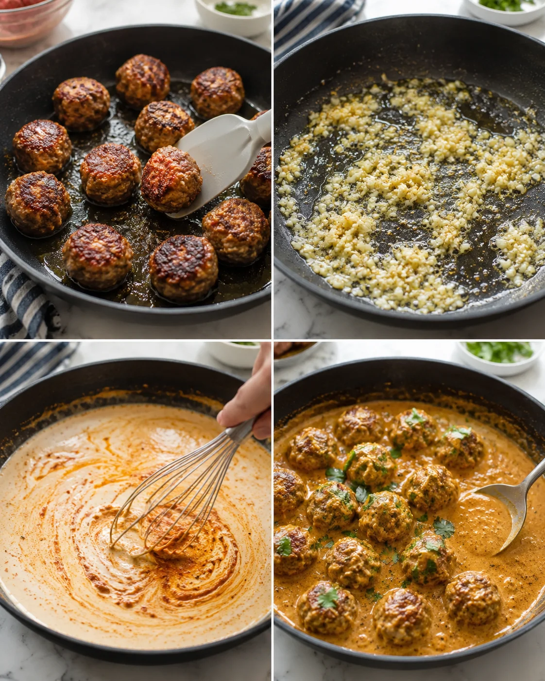 collage showing meatballs browning, garlic sauté, whisking a creamy sauce, and finished meatballs in sauce