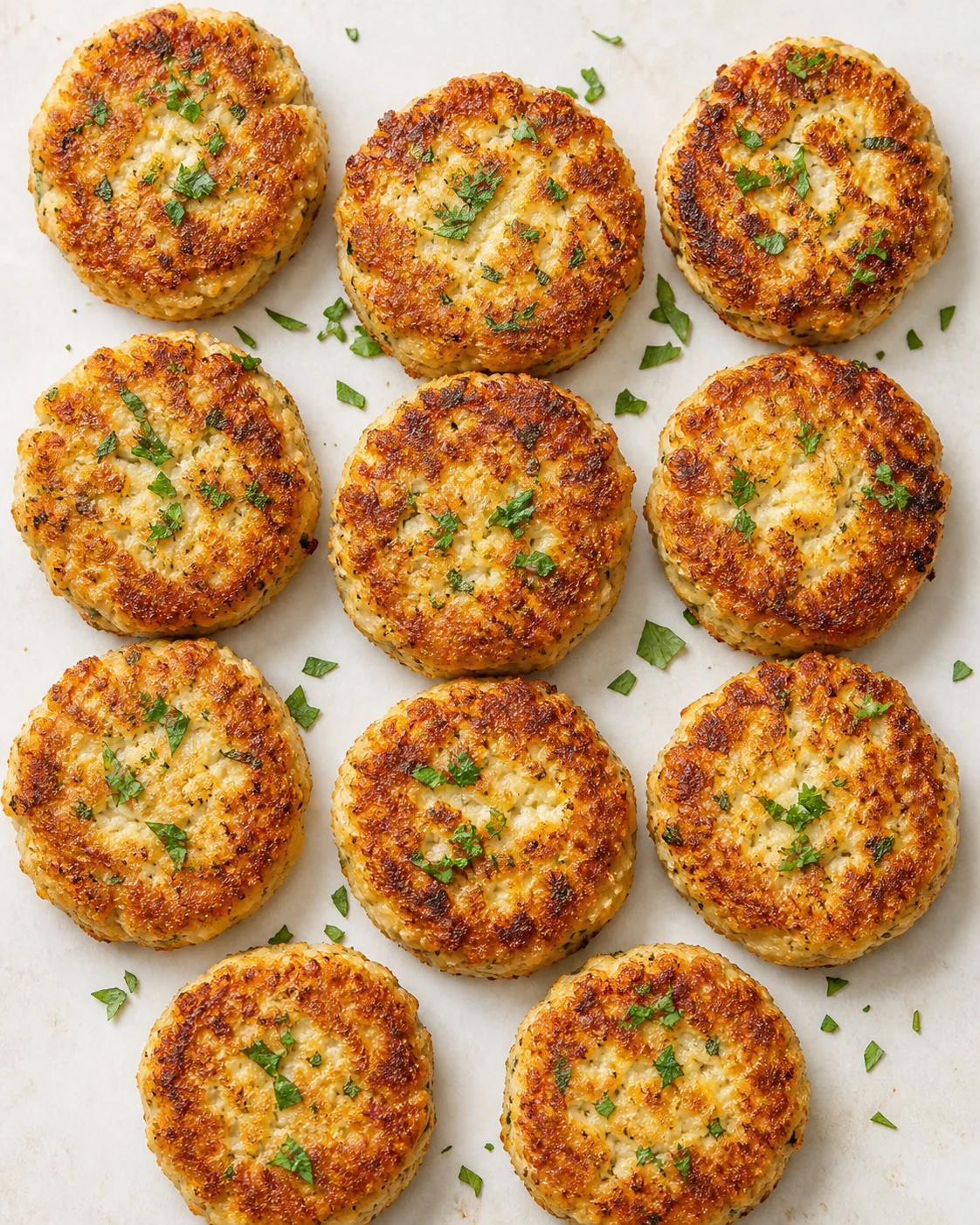 Top-down view of twelve golden-brown cheese biscuits sprinkled with parsley on parchment.