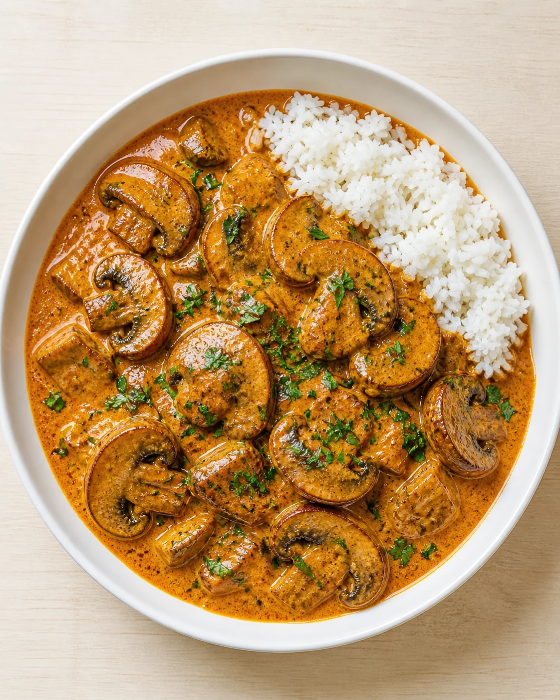 Oval white plate with orange mushroom curry and white rice, garnished with chopped herbs.