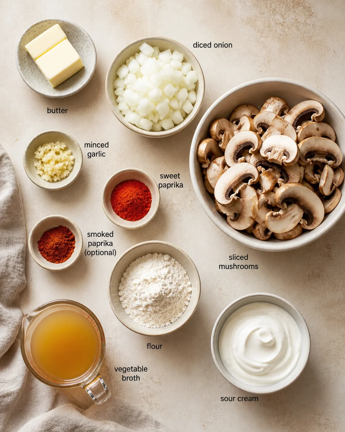 top-down view of sliced mushrooms with bowls of onions, garlic, butter, paprika, flour, broth, and sour cream arranged.